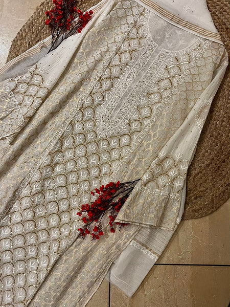 Elegant Pure Mul Chanderi Kurta Dupatta Set With Zari Katdana & Sequin Work