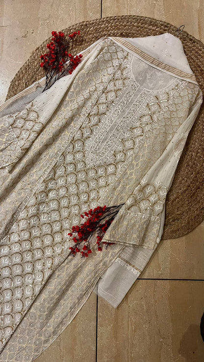 Zari Katdana And Sequins On Pure Mul Chanderi · 32 Artisan Hours of work · The Hazratganj Edit