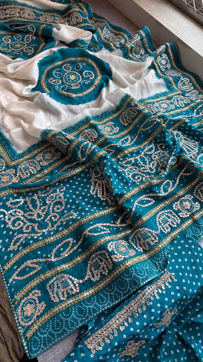 Gotta Patti On Munga Silk Digital Print · 24 Artisan Hours of work · The Mehfil Edit