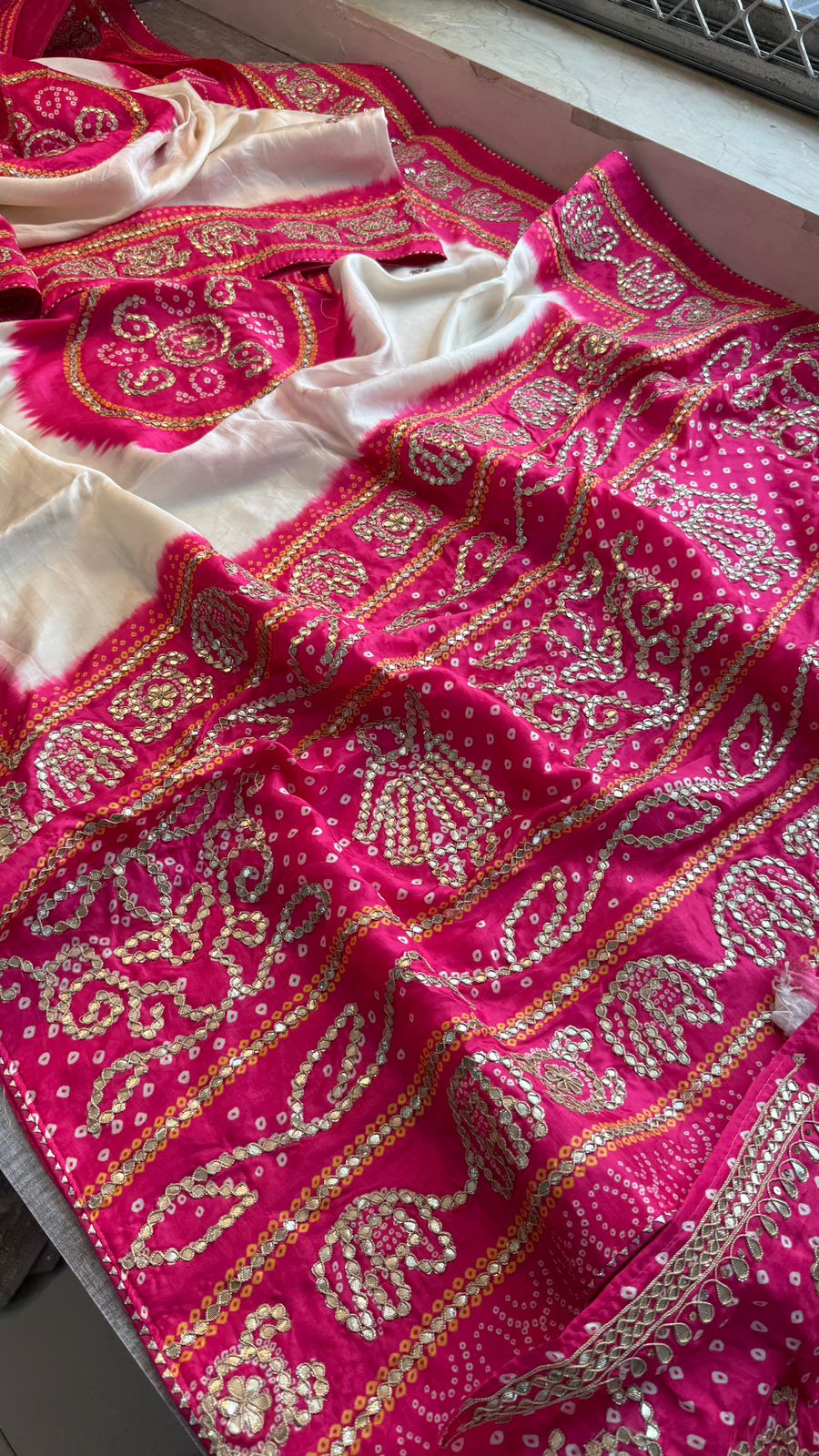 Gotta Patti On Munga Silk Digital Print · 24 Artisan Hours of work · The Mehfil Edit