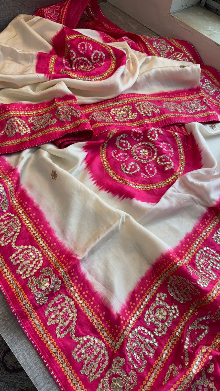 Gotta Patti On Munga Silk Digital Print · 24 Artisan Hours of work · The Mehfil Edit