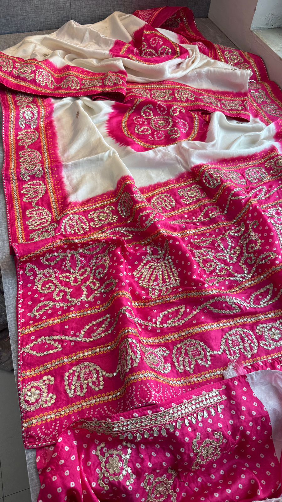 Gotta Patti On Munga Silk Digital Print · 24 Artisan Hours of work · The Mehfil Edit
