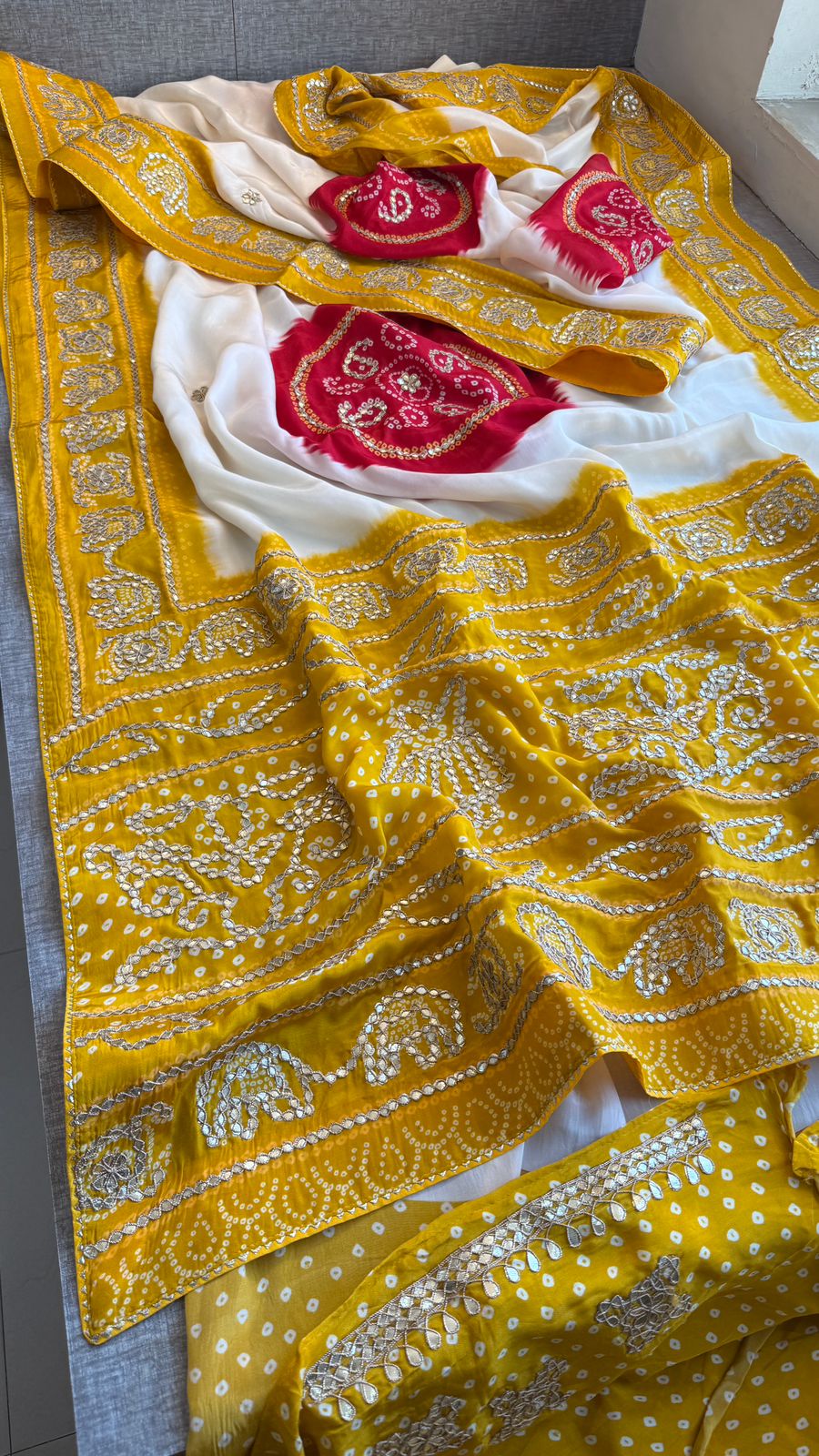 Gotta Patti On Munga Silk Digital Print · 24 Artisan Hours of work · The Mehfil Edit
