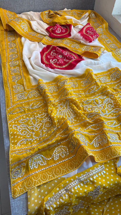 Gotta Patti On Munga Silk Digital Print · 24 Artisan Hours of work · The Mehfil Edit