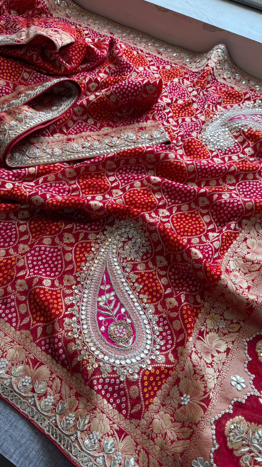 Zardozi Gotta Patti Pearl And Sequins On Khaddi Georgette Banarasi · 68 Artisan Hours of work · The Mehfil Edit
