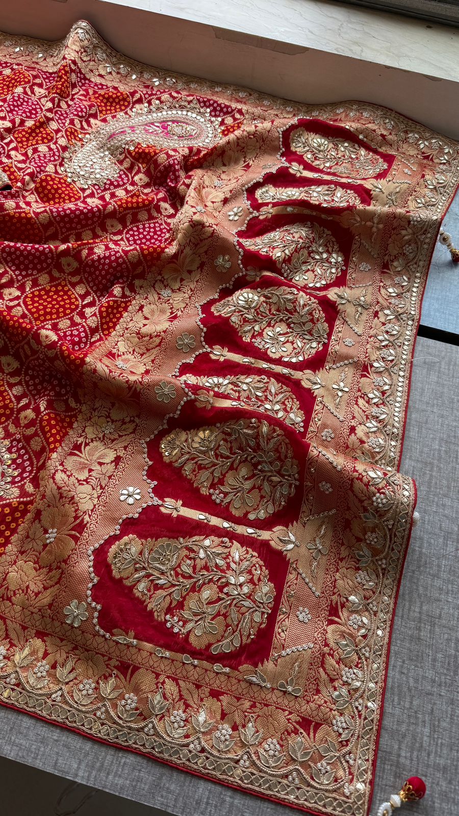 Zardozi Gotta Patti Pearl And Sequins On Khaddi Georgette Banarasi · 68 Artisan Hours of work · The Mehfil Edit
