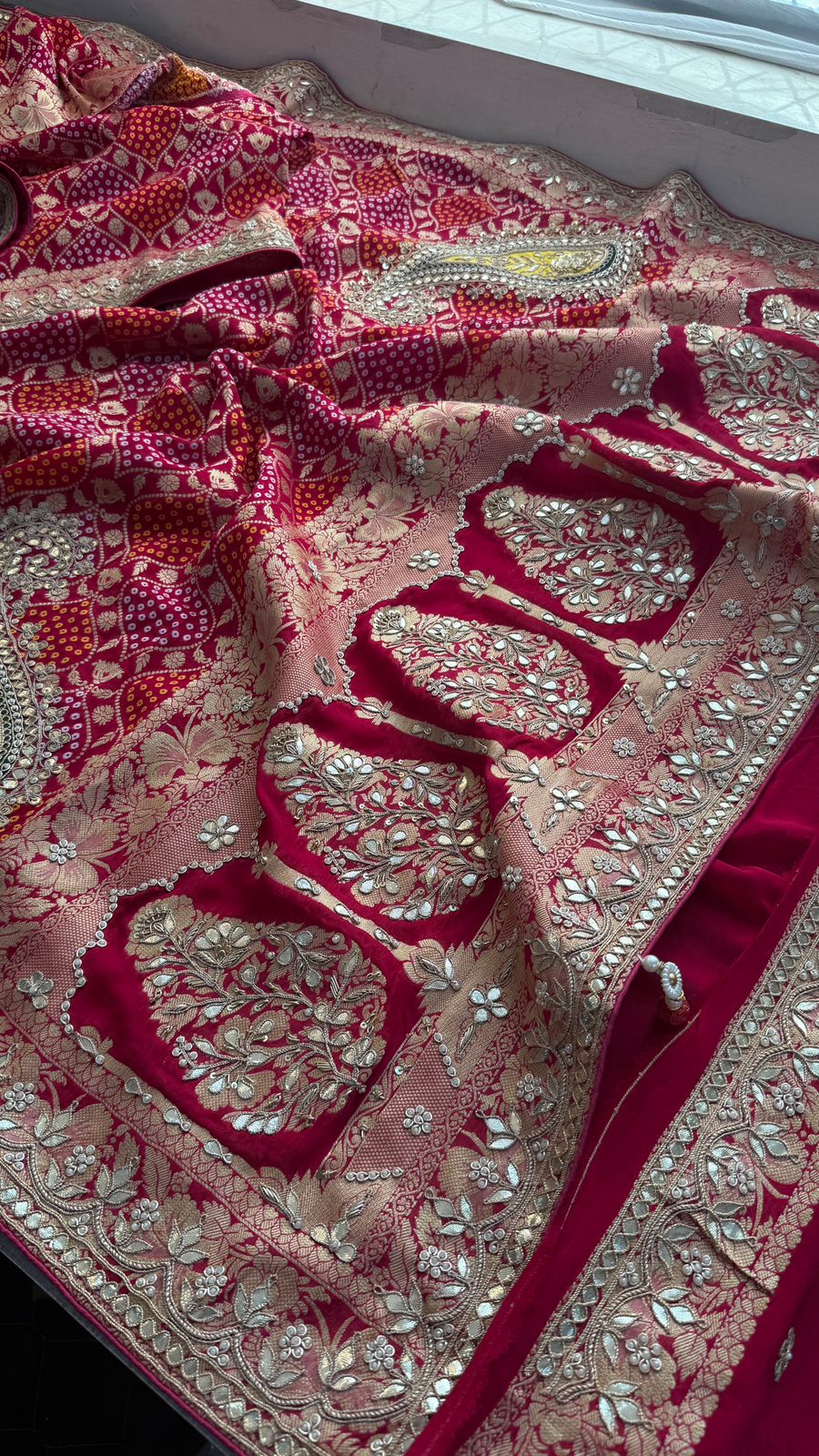 Zardozi Gotta Patti Pearl And Sequins On Khaddi Georgette Banarasi · 68 Artisan Hours of work · The Mehfil Edit