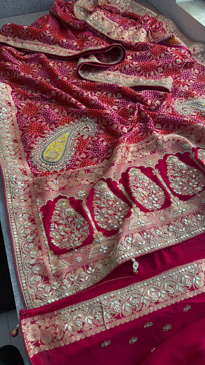 Zardozi Gotta Patti Pearl And Sequins On Khaddi Georgette Banarasi · 68 Artisan Hours of work · The Mehfil Edit