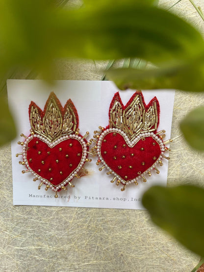 Aura Heart Flame Red Velvet Earrings