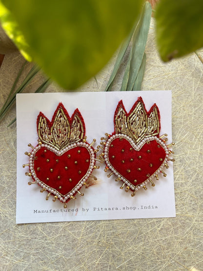 Aura Heart Flame Red Velvet Earrings
