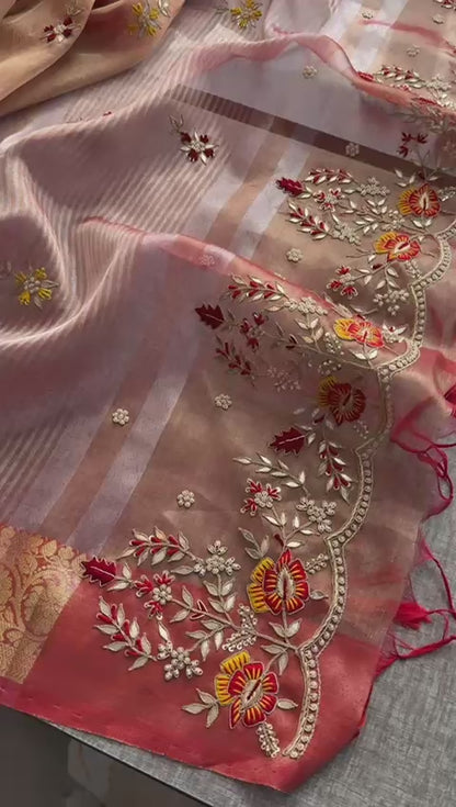 Zardozi Floral Border On Pure Tissue Silk Banarasi · 60 Artisan Hours of work · The Zari Edit