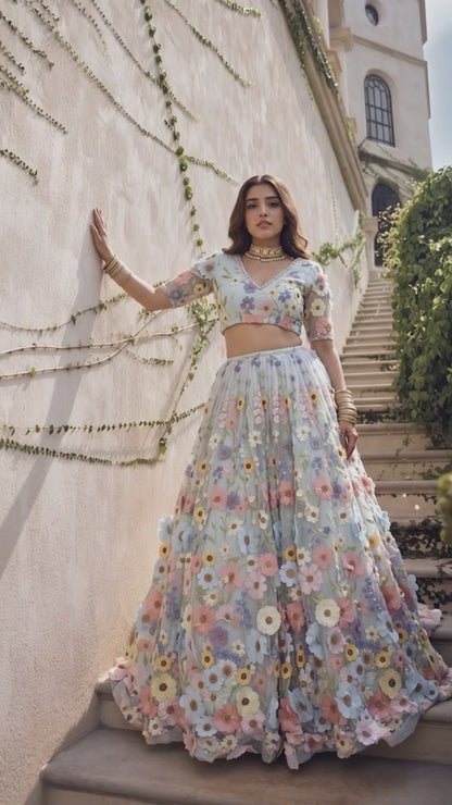 3D Floral Organza Embroidery On Soft Net Lehenga · 180 Artisan Hours of work · The Pushpanjali Edit