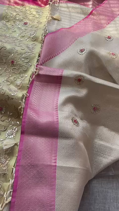 Zardozi Floral On Banarasi Silk Pastel Contrast Pallu · 48 Artisan Hours of work · The Nazakat Edit