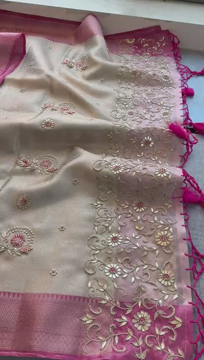 Zardozi Floral On Banarasi Silk Pastel Contrast Pallu · 48 Artisan Hours of work · The Nazakat Edit