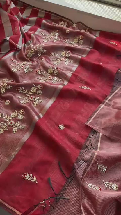 Zardozi Floral Panel On Striped Banarasi Silk · 52 Artisan Hours of work · The Sunehri Edit