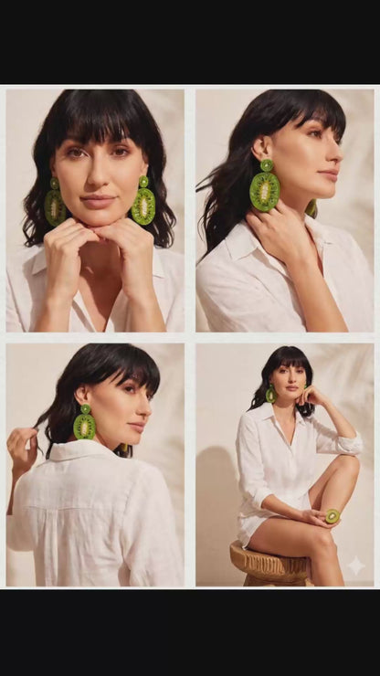 Big Green Kiwi Earrings With Citrine Bead Detailing