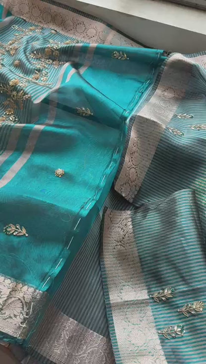 Zardozi Floral Border On Soft Tissue Banarasi Silk · 52 Artisan Hours of work · The Jashn Edit