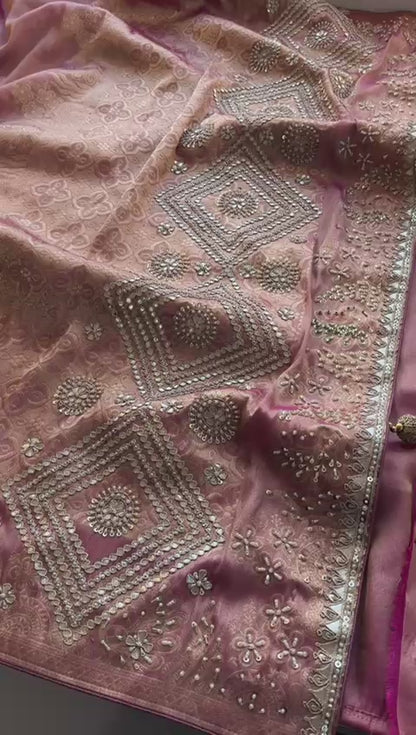 Zardozi Pearl And Zarkan On Munga Silk Banarasi · 64 Artisan Hours of work · The Royal Edit