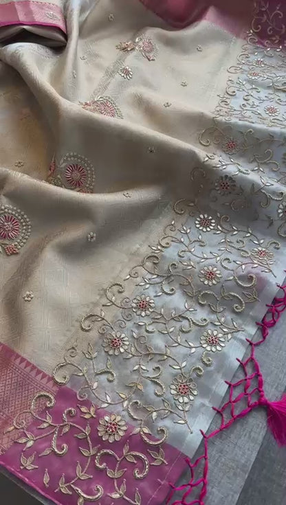 Zardozi Floral On Banarasi Silk Pastel Contrast Pallu · 48 Artisan Hours of work · The Nazakat Edit