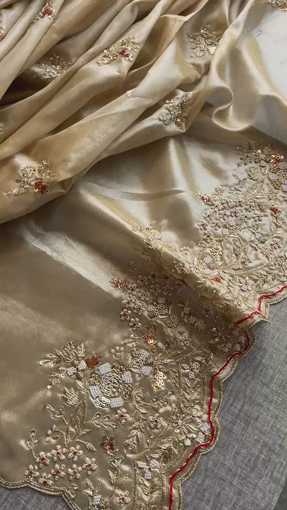 Zardozi Pearl And Resham On Tissue Silk · 48 Artisan Hours of work · The Zari Edit