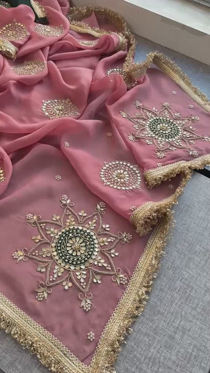 Zardozi Pearl And Gotta Patti On Organza Silk · 32 Artisan Hours of work · The Rooh Edit