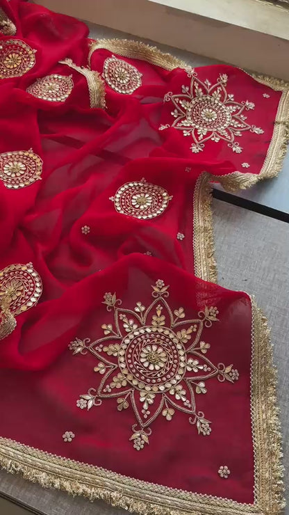 Zardozi Pearl And Gotta Patti On Organza Silk · 32 Artisan Hours of work · The Rooh Edit