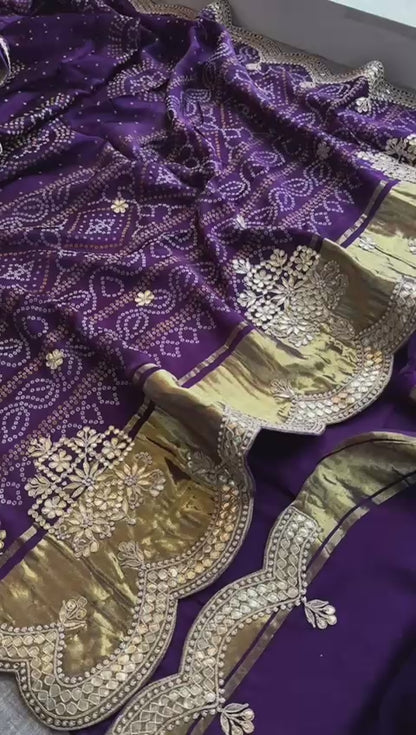 Zardozi And Gotta Patti On Bandhani Gajji Silk Lakdi Patta · 52 Artisan Hours of work · The Sunehri Edit