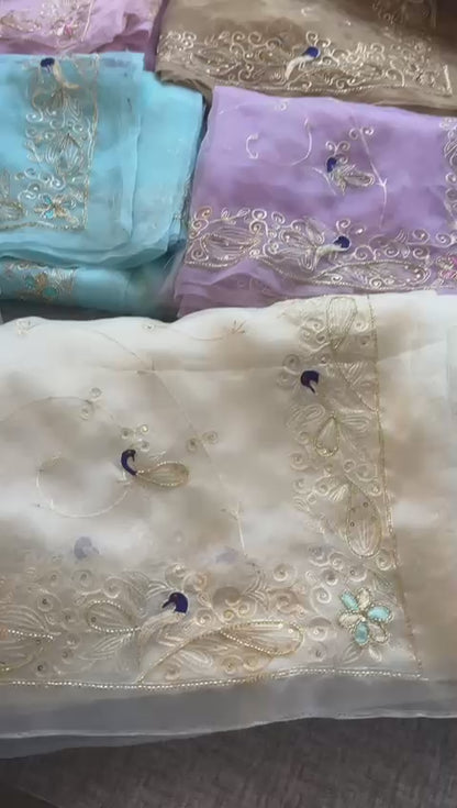 Peacock Resham Embroidery On Tissue Organza Silk · 40 Artisan Hours of work · The Noor Edit