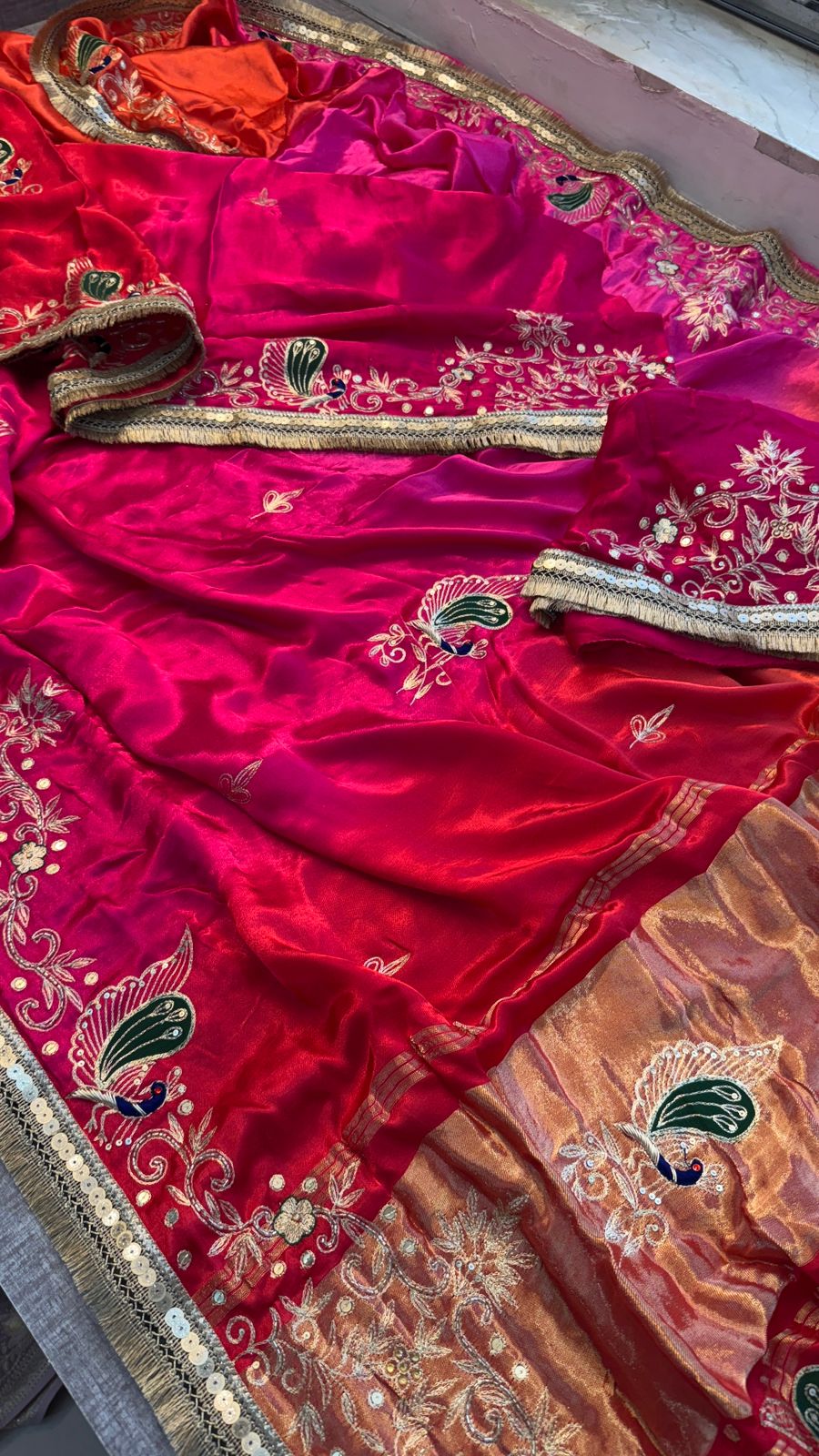 Pure Gajji Silk Lagdi Patta Saree With Sequence, Resham & Kutdana Handwork