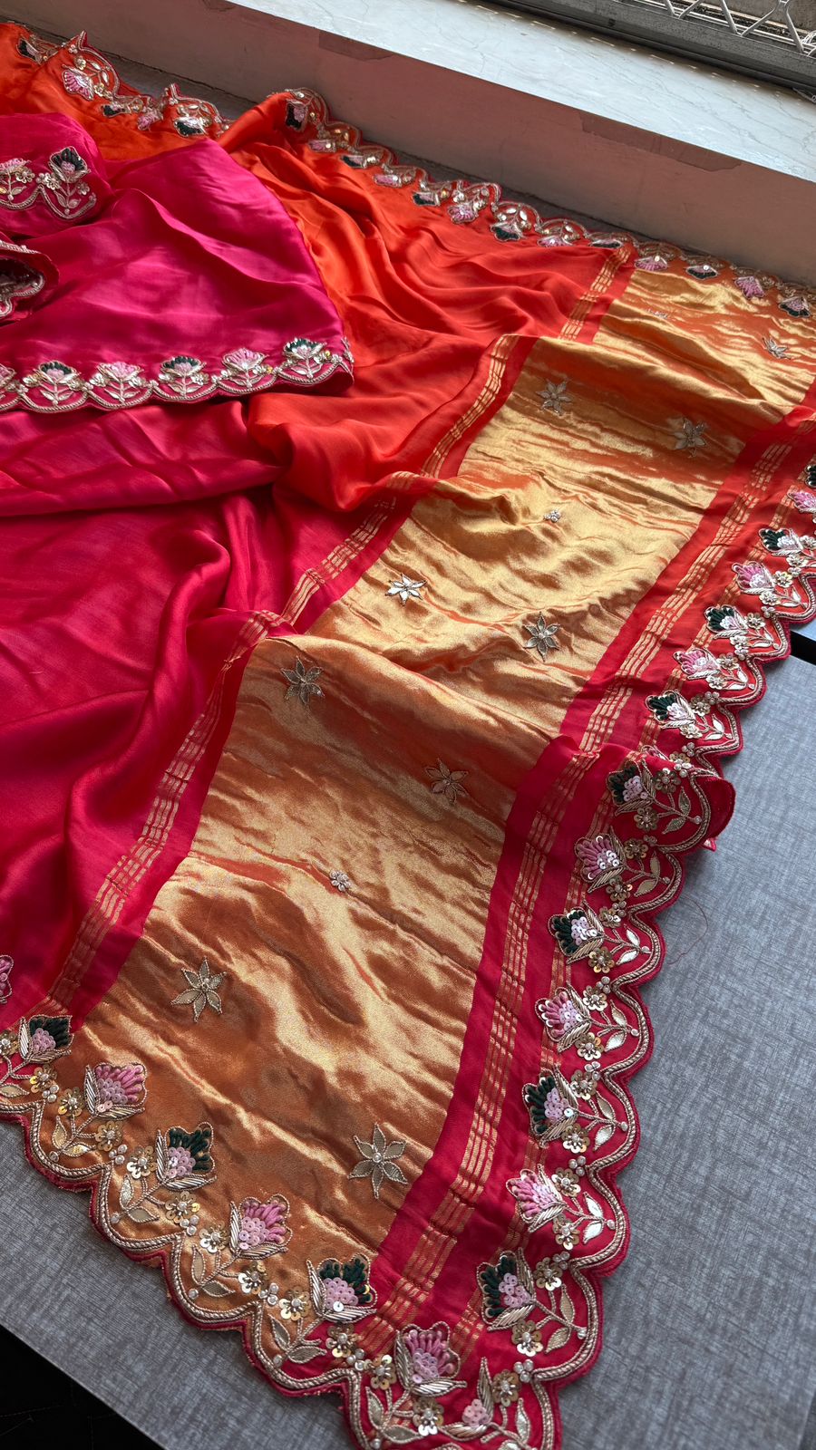 Pure Gajji Silk Lagdi Patta Saree With Zardozi, Gotapatti & Pearl Work