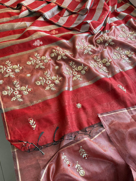 Viraasat Luxe Pure Banarasi Soft Silk Saree with Zardozi, Resham & Pearl Detailing