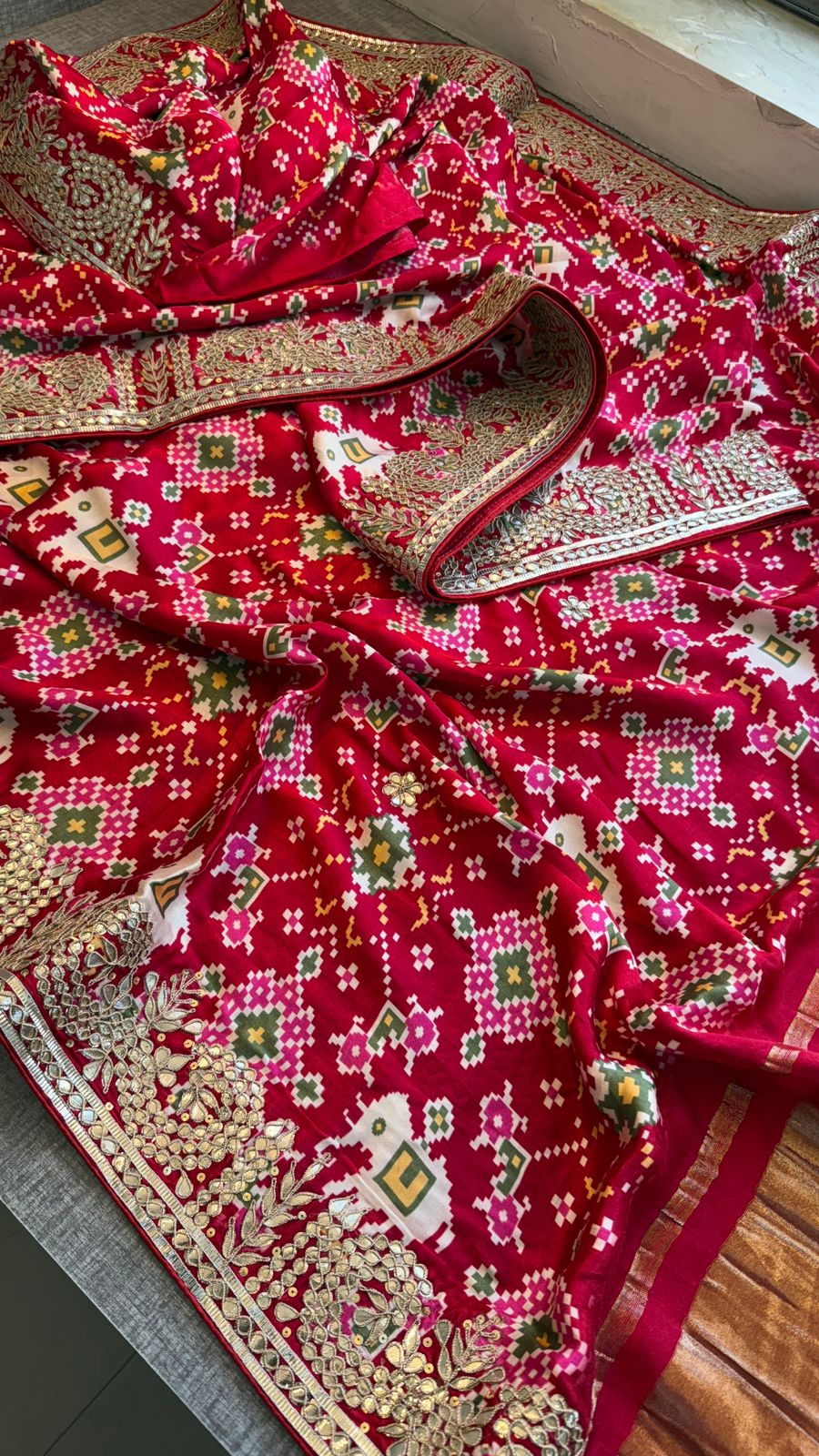 Rangila Aura Pure Gajji Silk Lagdi Patta Saree with Digital Print & Gotapatti Work