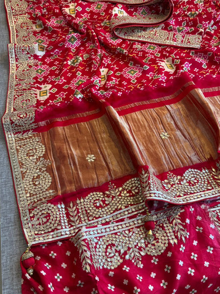 Rangila Aura Pure Gajji Silk Lagdi Patta Saree with Digital Print & Gotapatti Work