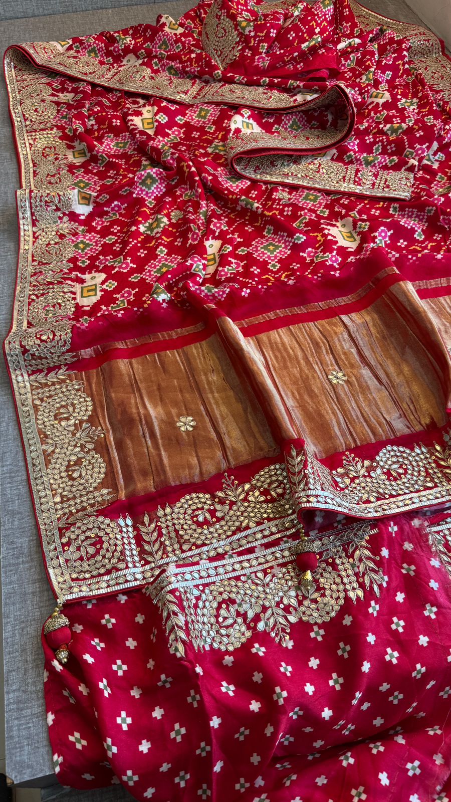 Rangila Aura Pure Gajji Silk Lagdi Patta Saree with Digital Print & Gotapatti Work