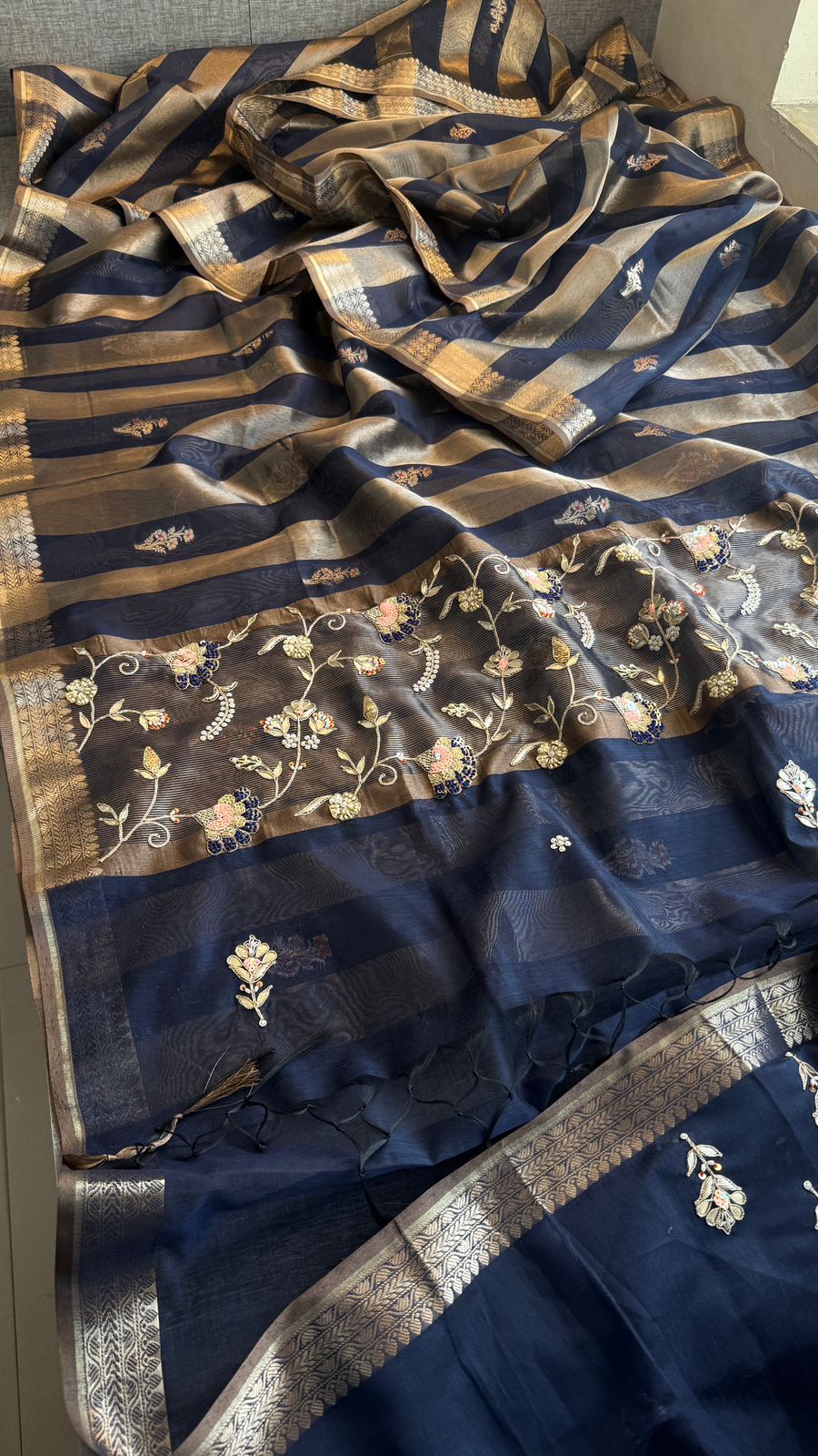 Shaahi Noor Pure Soft Silk Banarasi Saree with Handcrafted Zardozi & Pearl Accents