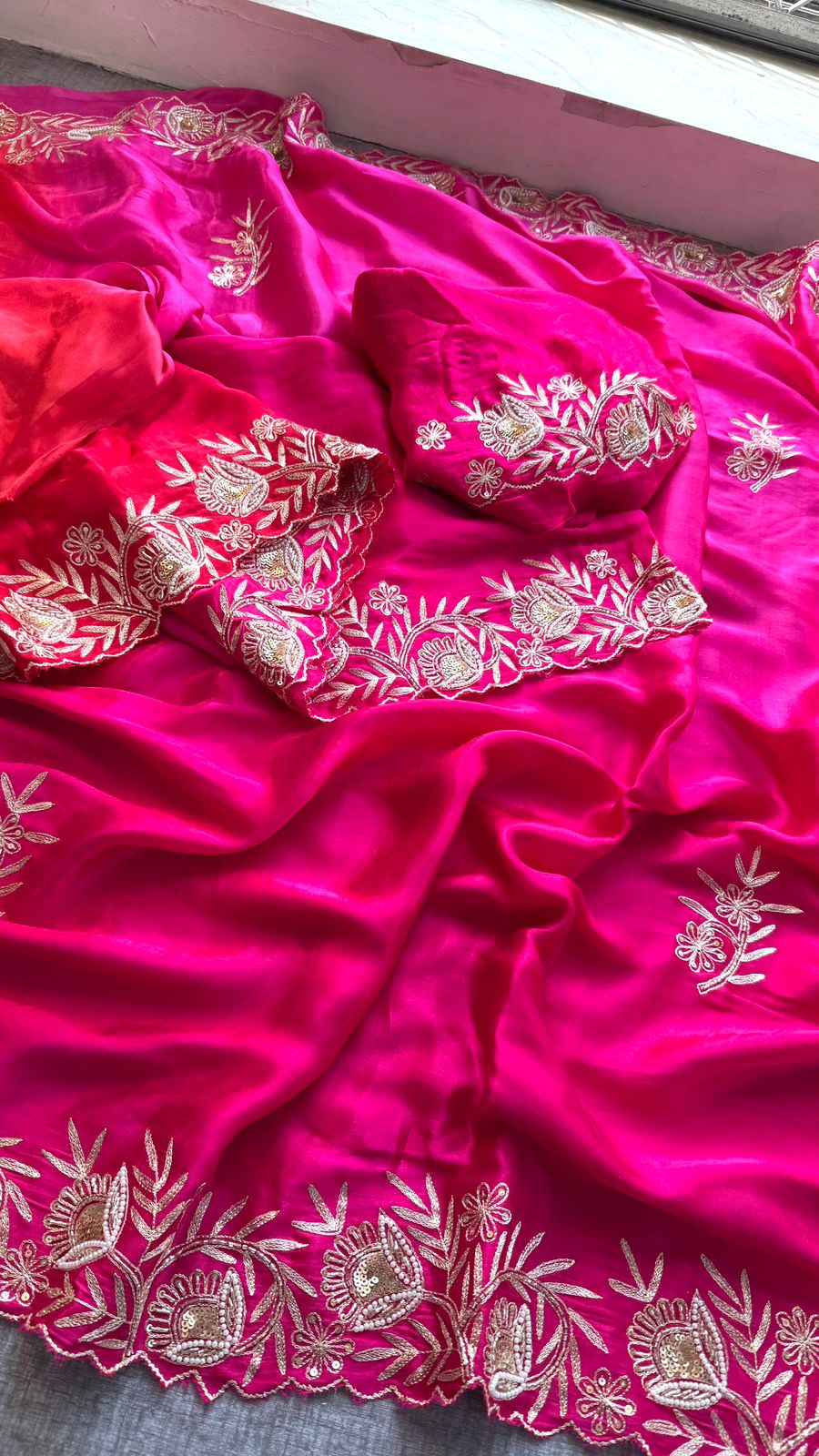 Pure Gajji Silk Lagdi Patta Saree With Zardozi & Pearl Handwork