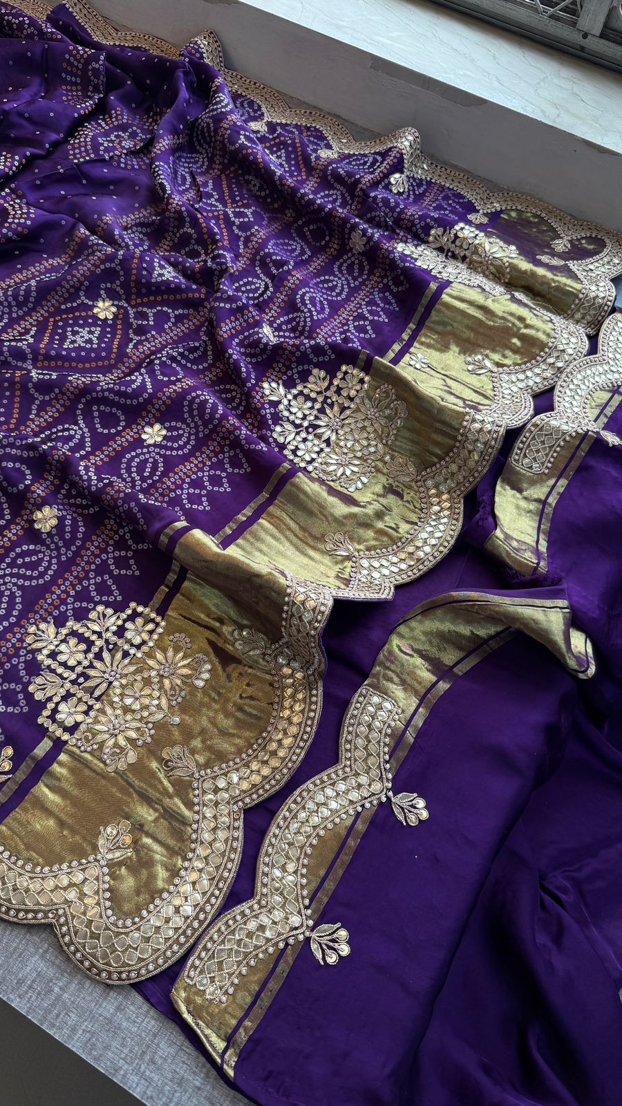 Zardozi And Gotta Patti On Bandhani Gajji Silk Lakdi Patta · 52 Artisan Hours of work · The Sunehri Edit