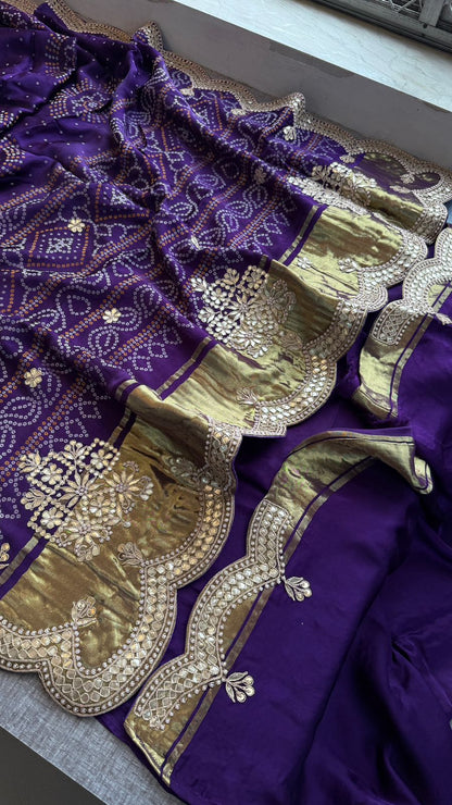 Zardozi And Gotta Patti On Bandhani Gajji Silk Lakdi Patta · 52 Artisan Hours of work · The Sunehri Edit