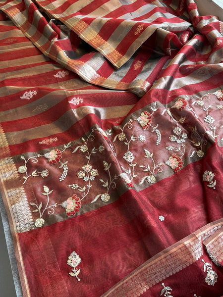 Shaahi Noor Pure Soft Silk Banarasi Saree with Handcrafted Zardozi & Pearl Accents