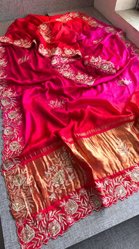 Pure Gajji Silk Lagdi Patta Saree With Zardozi & Pearl Handwork