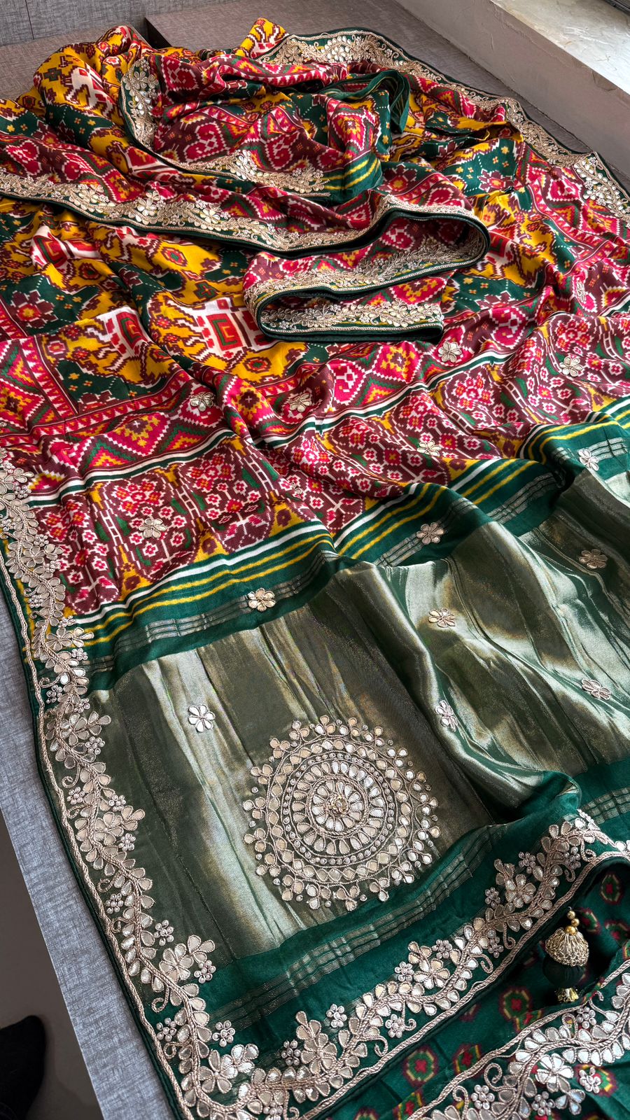 Pure Gajji Silk Lakdi Patta Digital Print Saree With Gotapatti & Zardozi Work