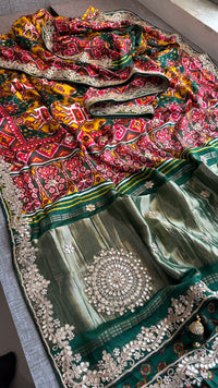 Pure Gajji Silk Lakdi Patta Digital Print Saree With Gotapatti & Zardozi Work