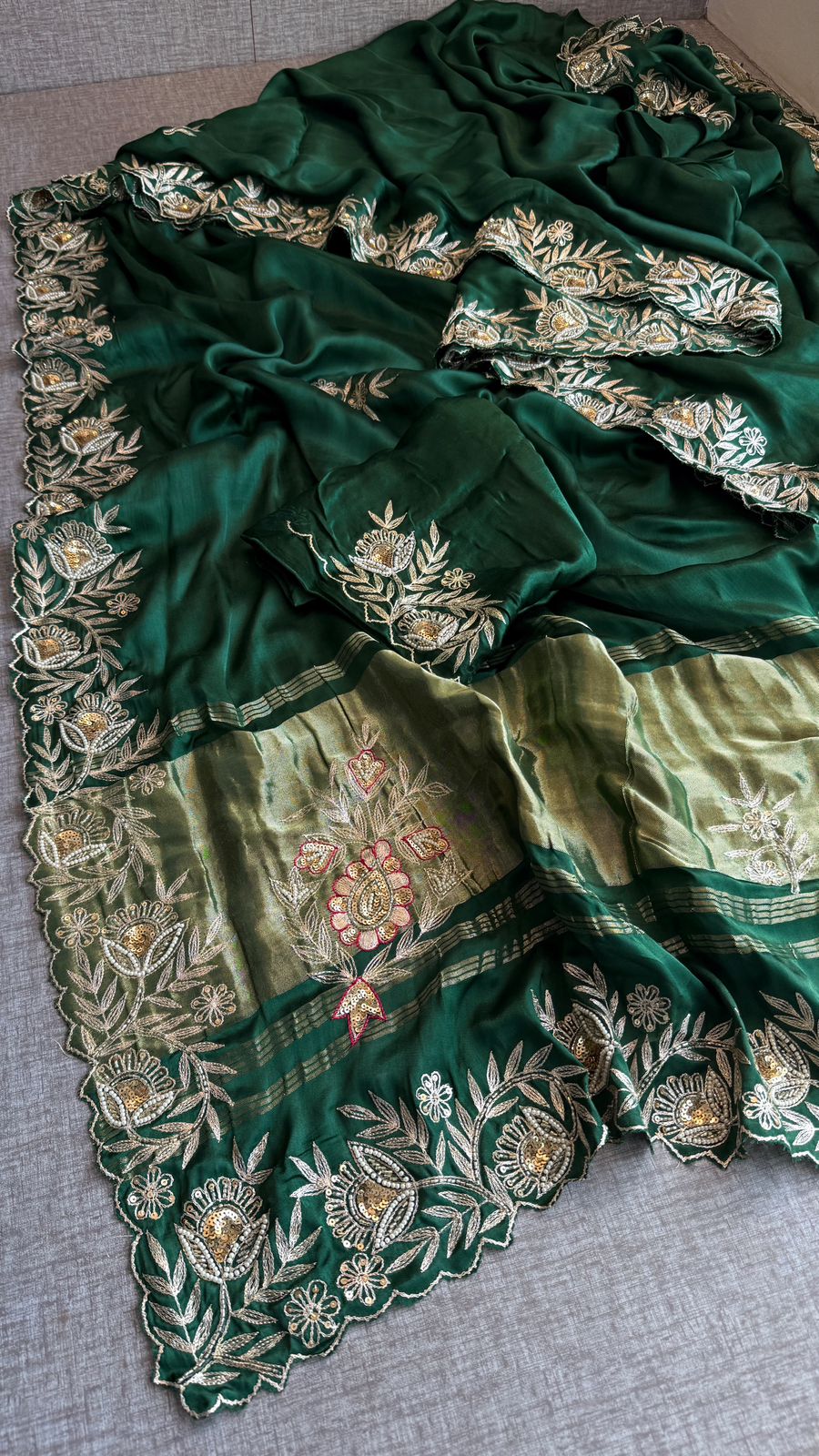 Pure Gajji Silk Lagdi Patta Saree With Zardozi & Pearl Handwork