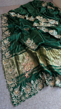 Pure Gajji Silk Lagdi Patta Saree With Zardozi & Pearl Handwork
