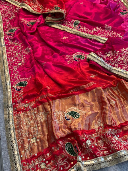Pure Gajji Silk Lagdi Patta Saree With Sequence, Resham & Kutdana Handwork