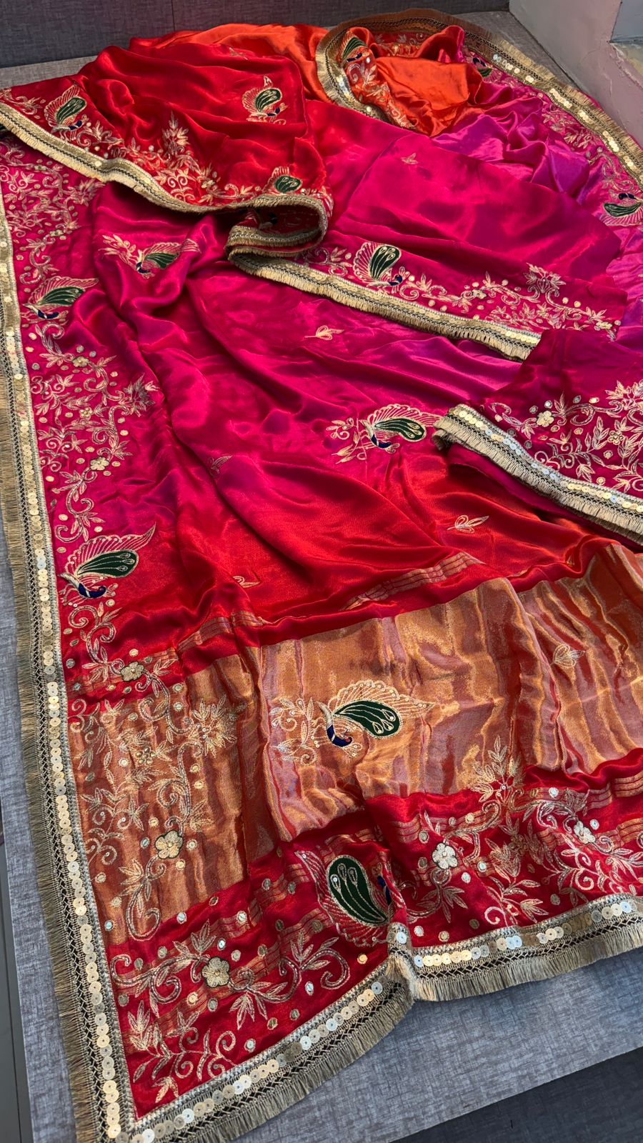 Pure Gajji Silk Lagdi Patta Saree With Sequence, Resham & Kutdana Handwork