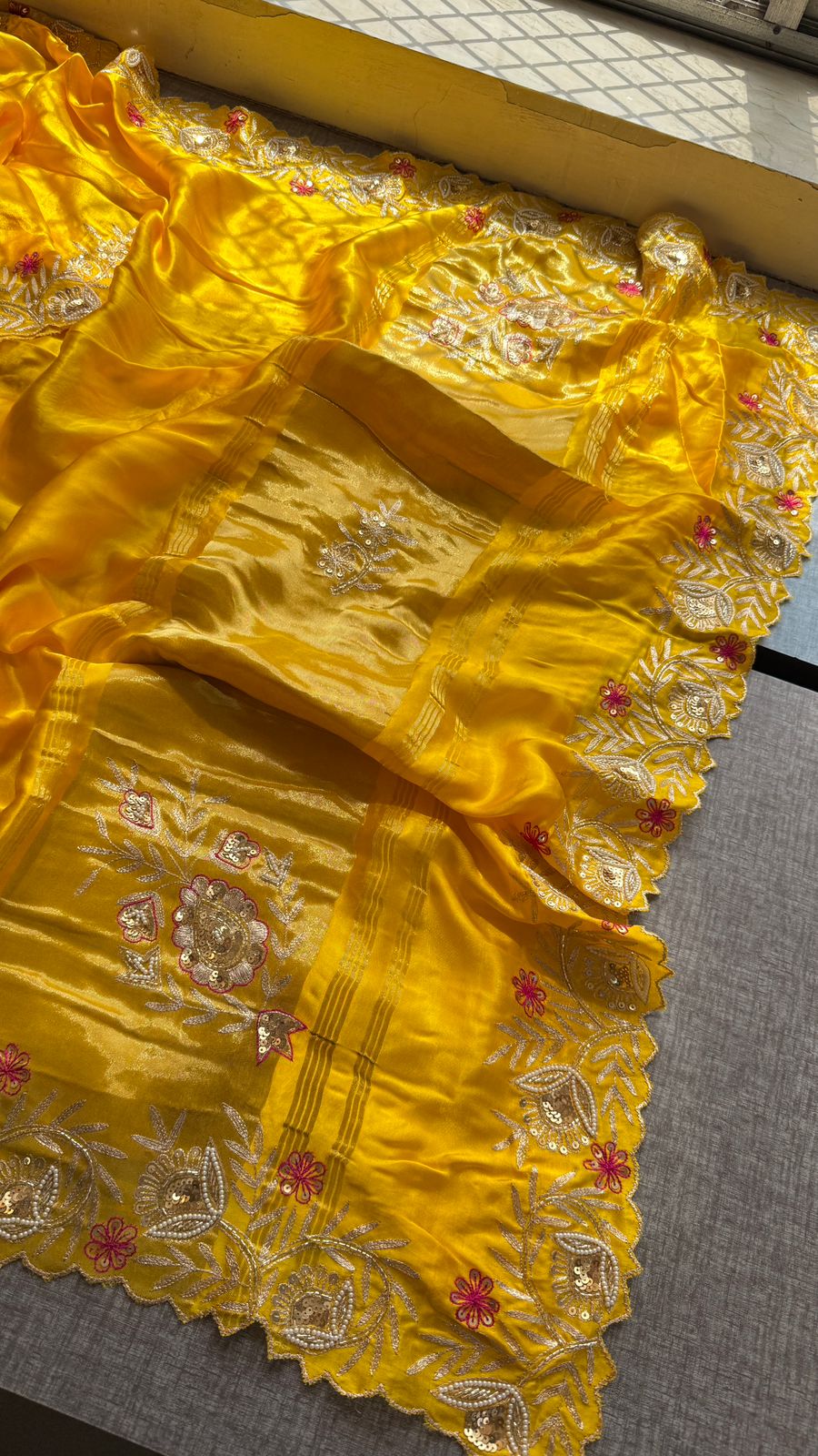 Pure Gajji Silk Lagdi Patta Saree With Zardozi & Pearl Handwork