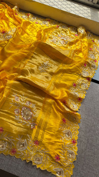 Pure Gajji Silk Lagdi Patta Saree With Zardozi & Pearl Handwork