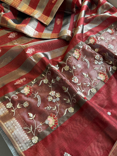Shaahi Noor Pure Soft Silk Banarasi Saree with Handcrafted Zardozi & Pearl Accents