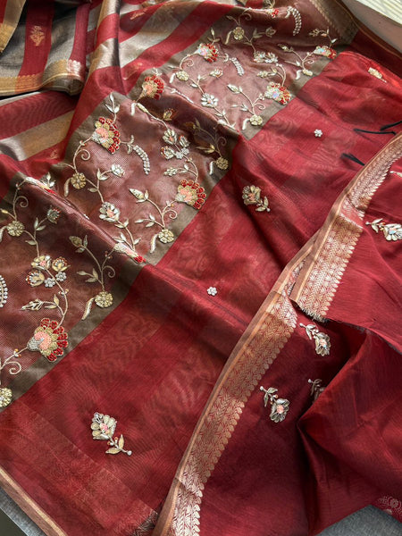 Shaahi Noor Pure Soft Silk Banarasi Saree with Handcrafted Zardozi & Pearl Accents